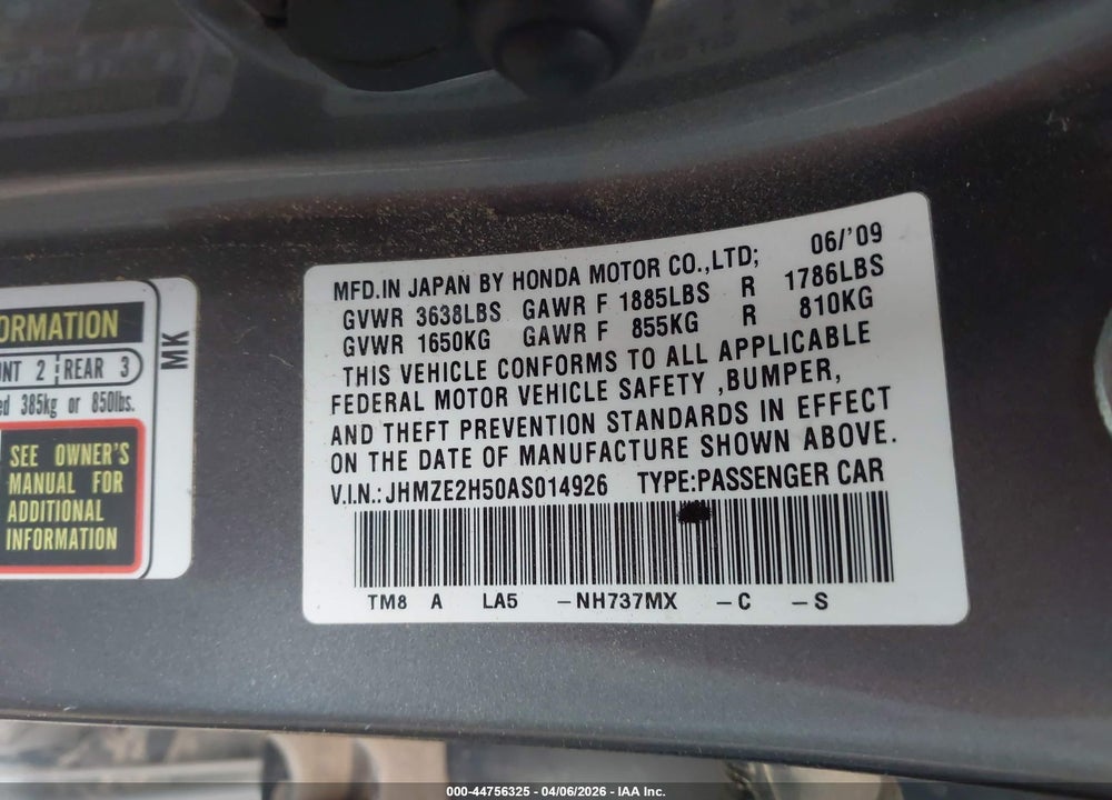 2010 HONDA INSIGHT LX VIN: JHMZE2H50AS014926