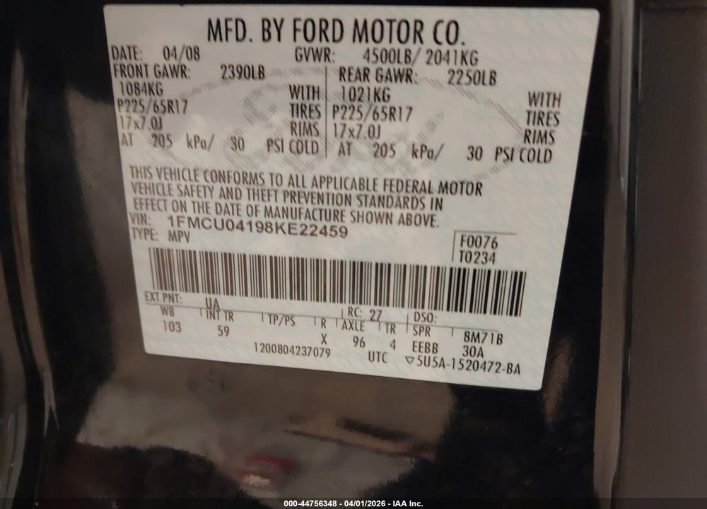 2008 FORD ESCAPE LIMITED VIN: 1FMCU04198KE22459