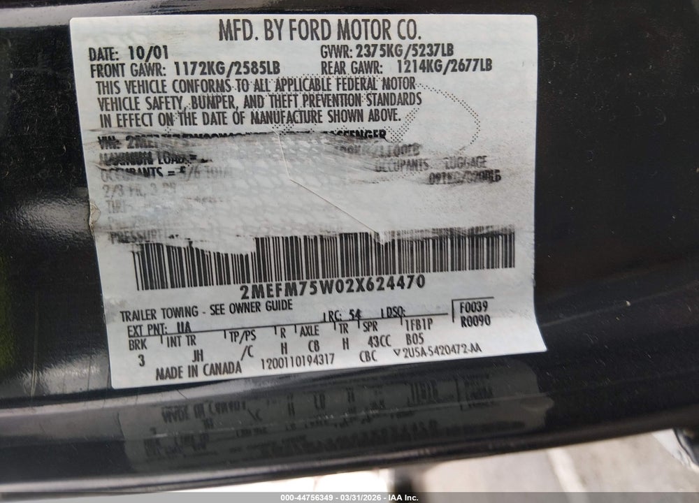2002 MERCURY GRAND MARQUIS LS VIN: 2MEFM75W02X624470