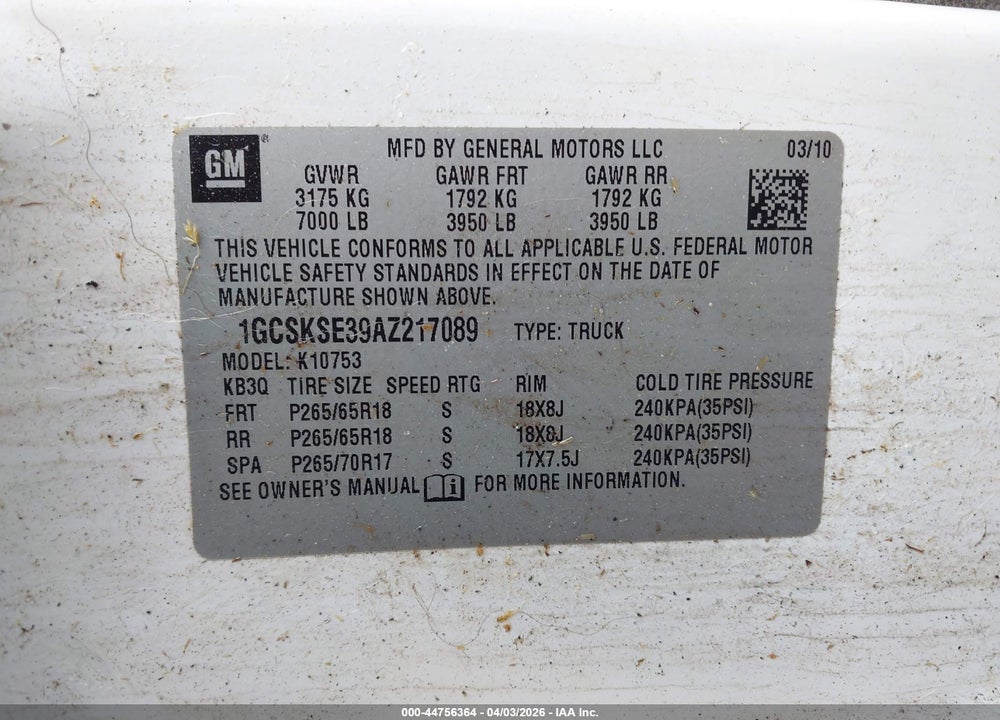2010 CHEVROLET SILVERADO 1500 LT VIN: 1GCSKSE39AZ217089