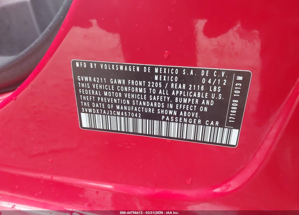 2012 VOLKSWAGEN JETTA 2.5L SE VIN: 3VWDX7AJ3CM457042