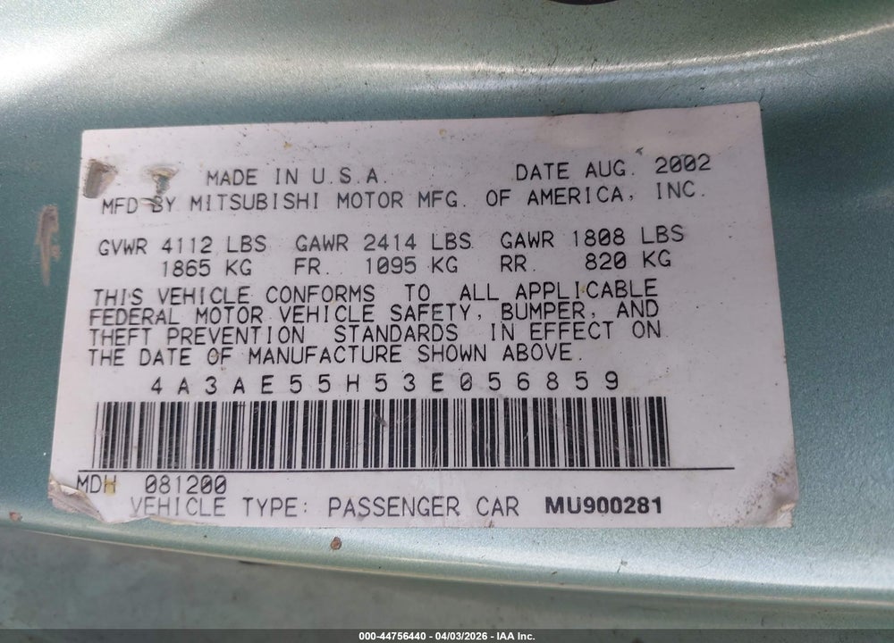 2003 MITSUBISHI ECLIPSE SPYDER GT VIN: 4A3AE55H53E056859