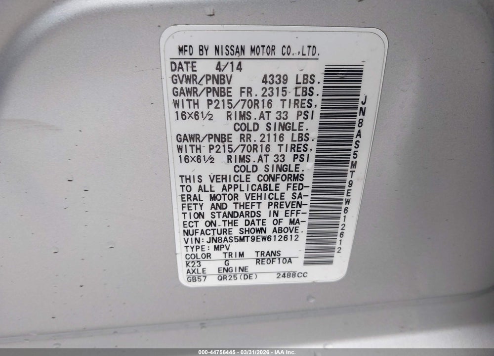 2014 NISSAN ROGUE SELECT S VIN: JN8AS5MT9EW612612