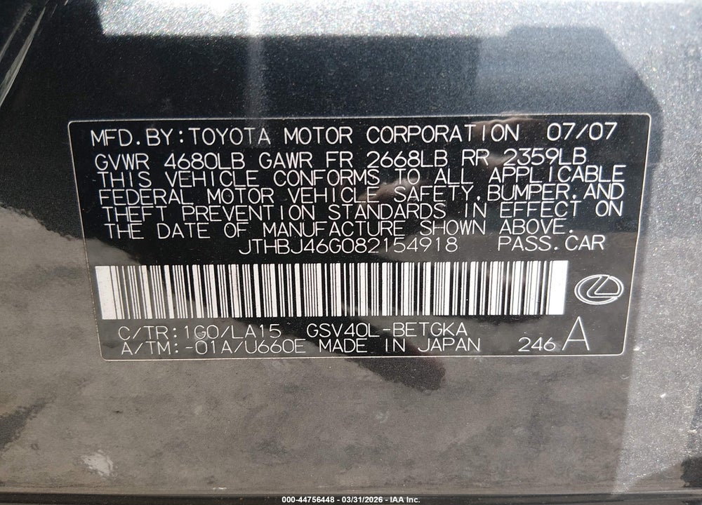 2008 LEXUS ES 350 VIN: JTHBJ46G082154918