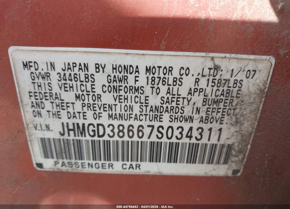 2007 HONDA FIT SPORT VIN: JHMGD38667S034311