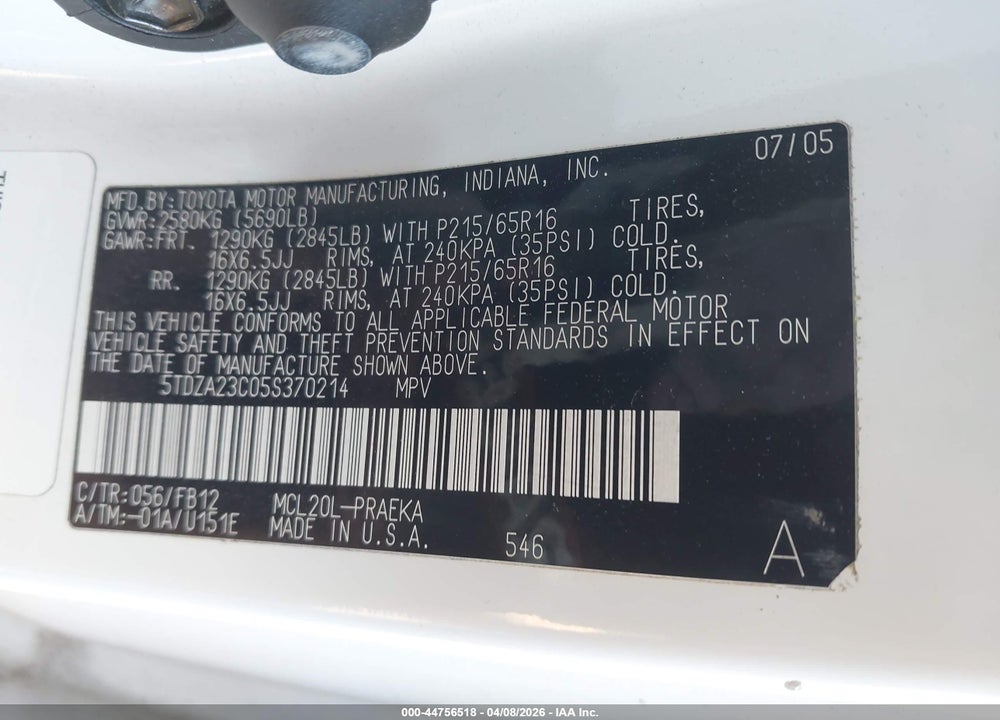 2005 TOYOTA SIENNA CE/LE VIN: 5TDZA23C05S370214