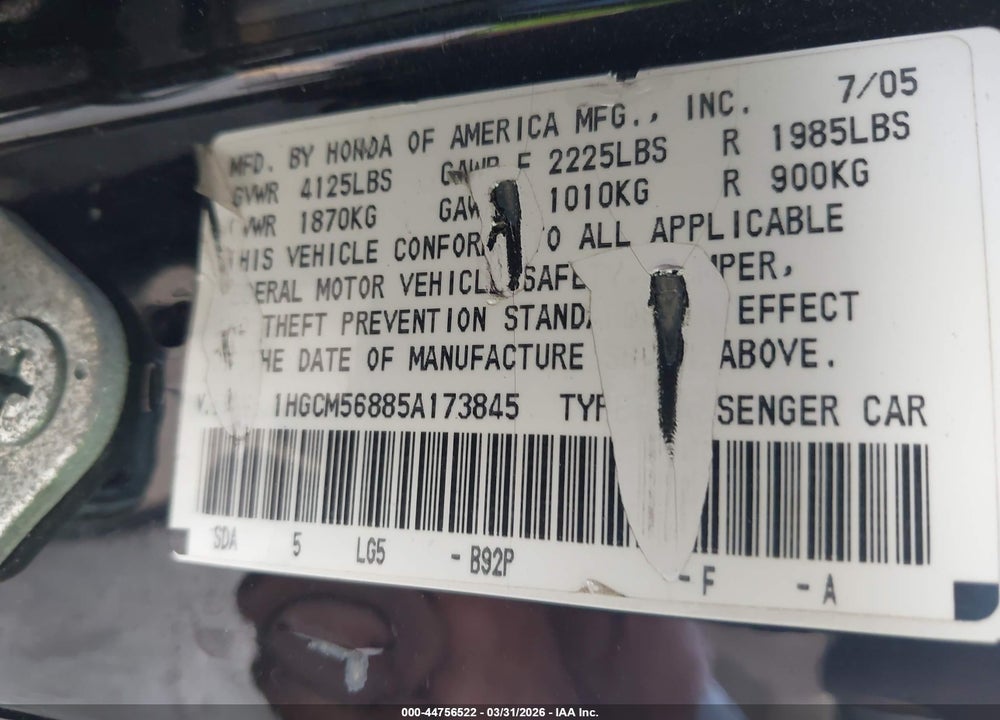 2005 HONDA ACCORD 2.4 EX VIN: 1HGCM56885A173845