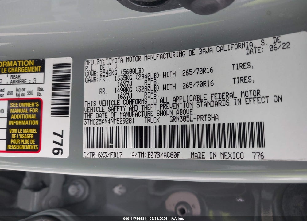 2022 TOYOTA TACOMA TRD OFF ROAD VIN: 3TMCZ5AN4NM509281