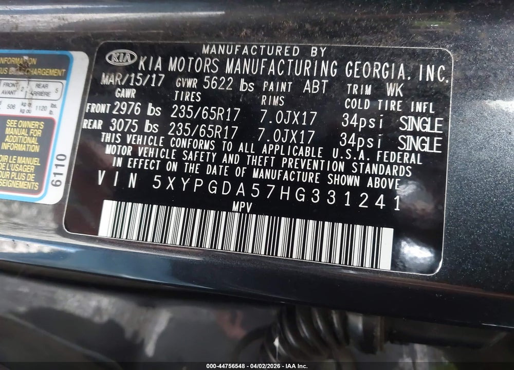 2017 KIA SORENTO 3.3L LX VIN: 5XYPGDA57HG331241