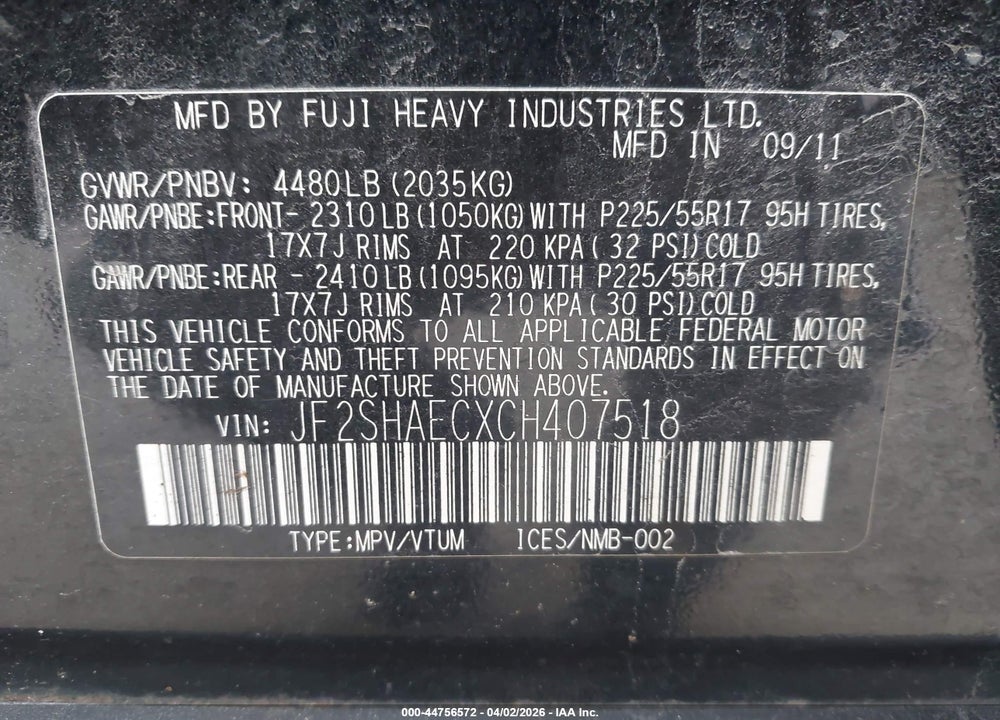 2012 SUBARU FORESTER 2.5X LIMITED VIN: JF2SHAECXCH407518