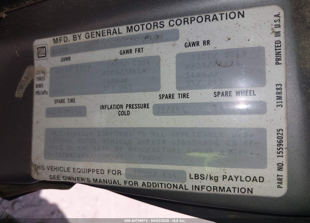 1988 CHEVROLET S TRUCK S10 VIN: 1GCCS14R4J2238963