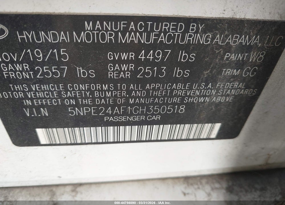 2016 HYUNDAI SONATA SE VIN: 5NPE24AF1GH350518