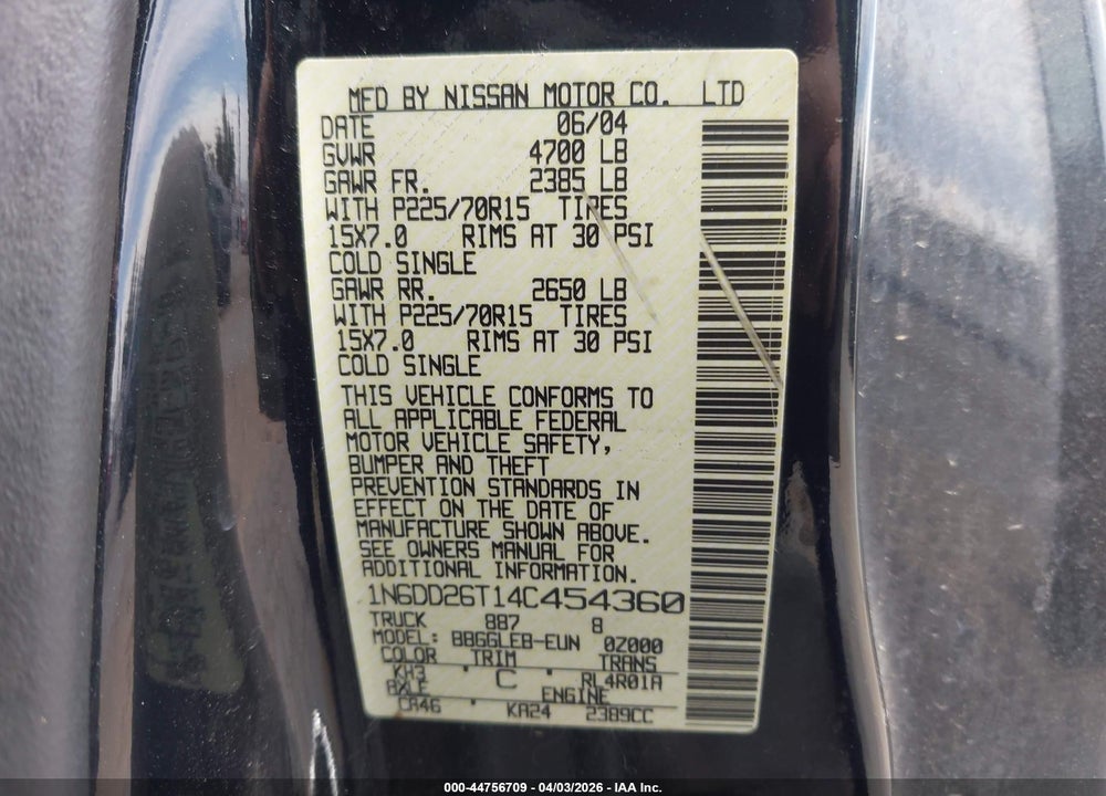 2004 NISSAN FRONTIER XE VIN: 1N6DD26T14C454360
