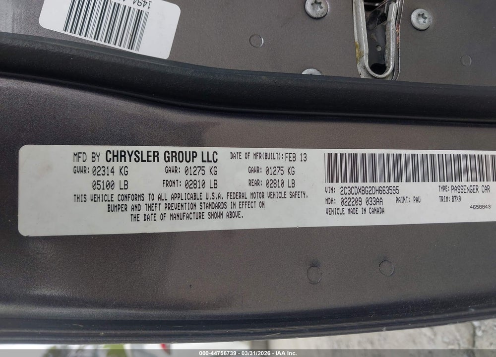 2013 DODGE CHARGER SE VIN: 2C3CDXBG2DH663595