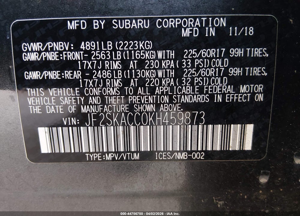 2019 SUBARU FORESTER VIN: JF2SKACC0KH459873