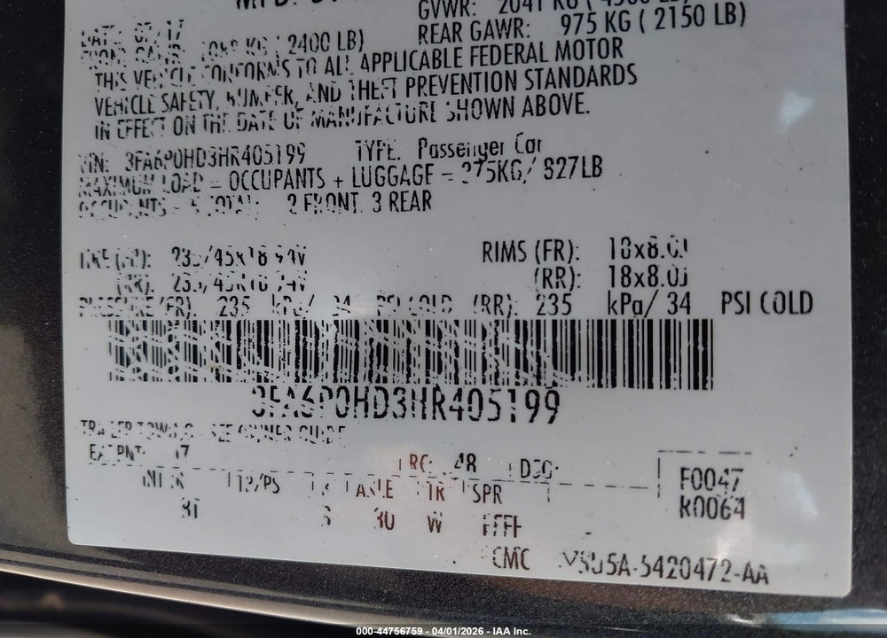 2017 FORD FUSION SE VIN: 3FA6P0HD3HR405199