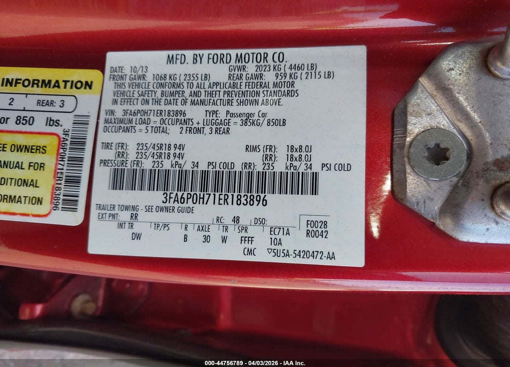 2014 FORD FUSION SE VIN: 3FA6P0H71ER183896
