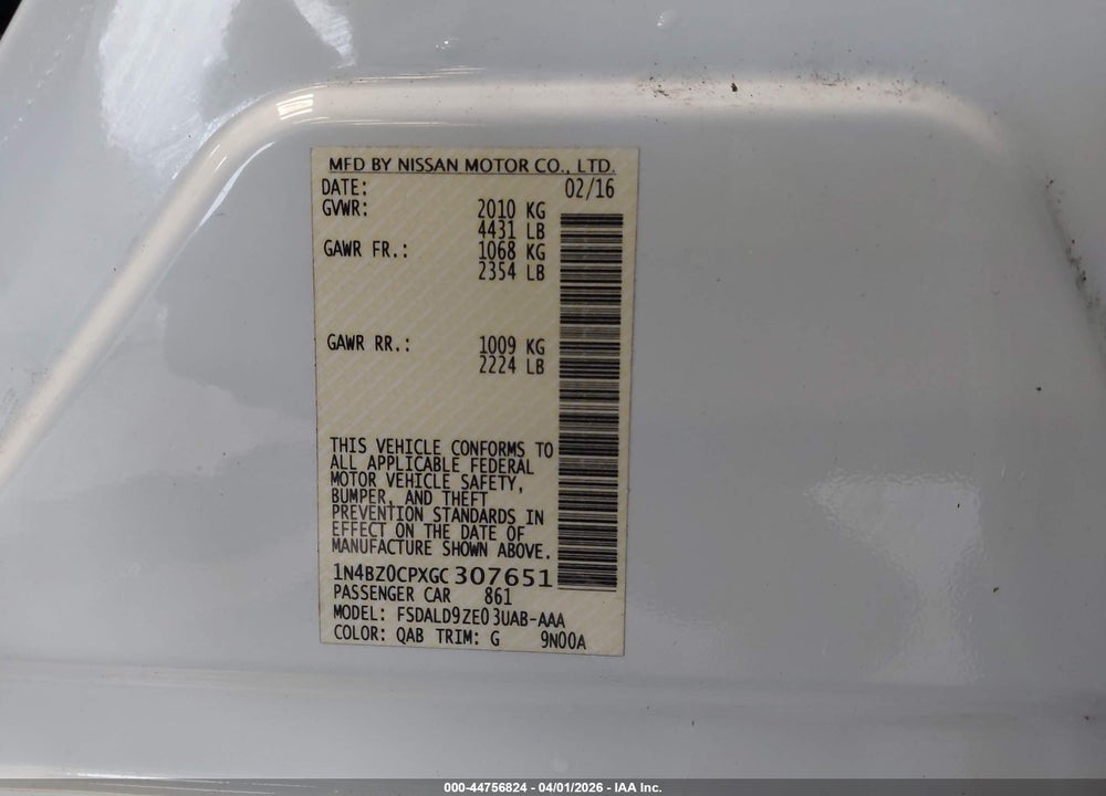 2016 NISSAN LEAF SV VIN: 1N4BZ0CPXGC307651