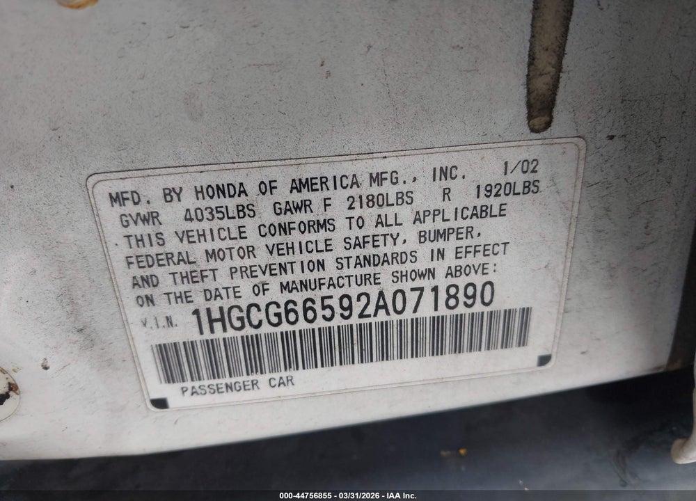 2002 HONDA ACCORD 2.3 LX VIN: 1HGCG66592A071890