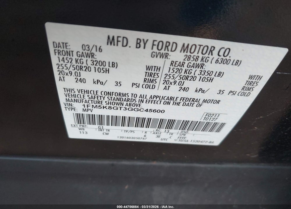 2016 FORD EXPLORER SPORT VIN: 1FM5K8GT3GGC45600