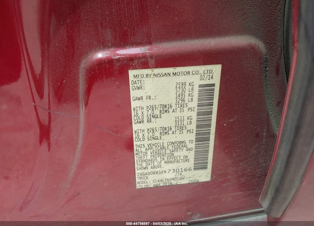 2014 NISSAN FRONTIER SV VIN: 1N6AD0ER1EN730166