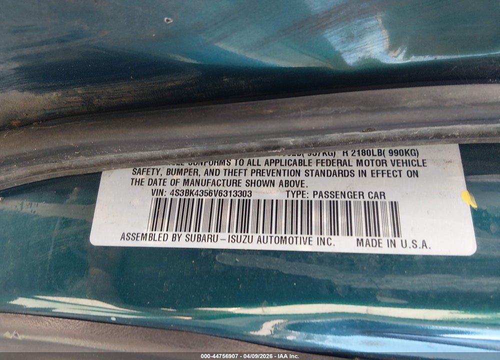 1997 SUBARU LEGACY L/POSTAL RIGHT-HAND DRIVE VIN: 4S3BK4356V6313303
