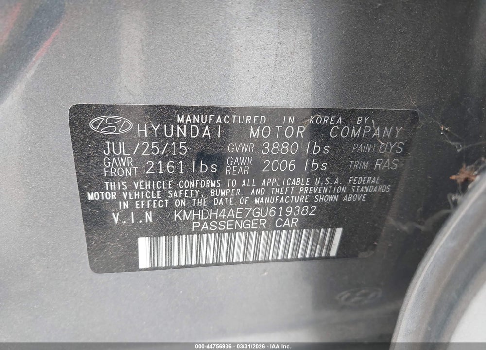 2016 HYUNDAI ELANTRA SE VIN: KMHDH4AE7GU619382