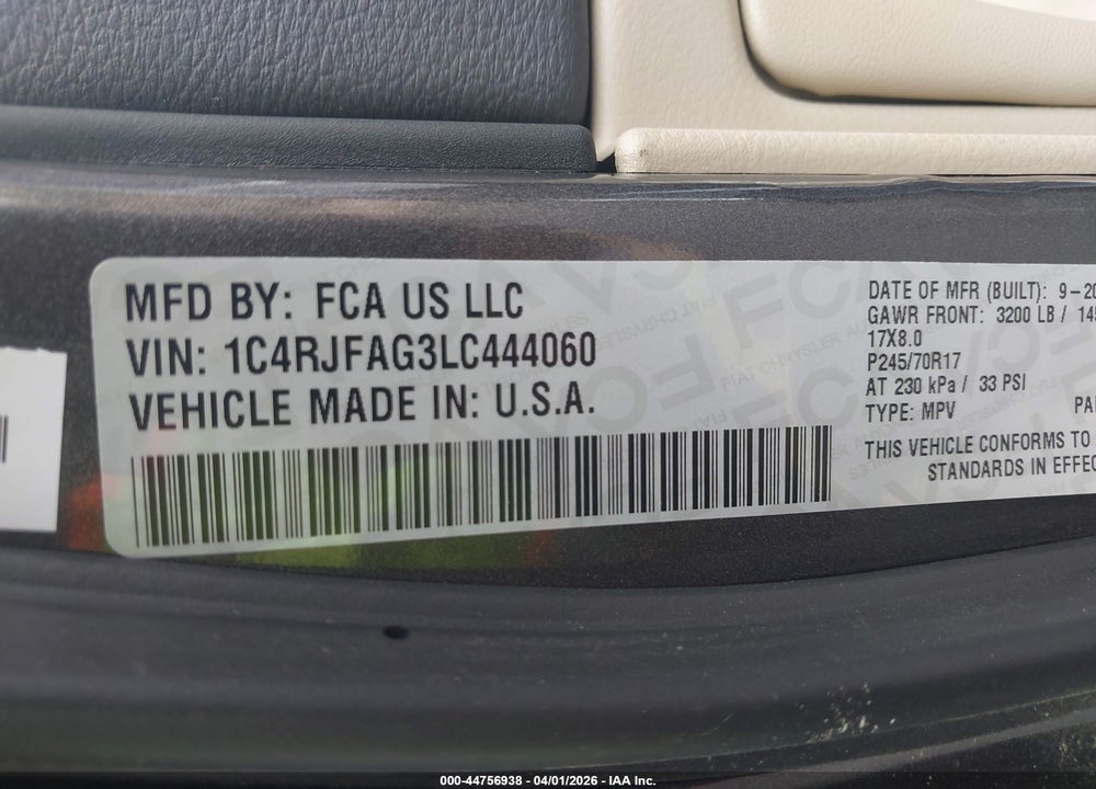 2020 JEEP GRAND CHEROKEE LAREDO E 4X4 VIN: 1C4RJFAG3LC444060