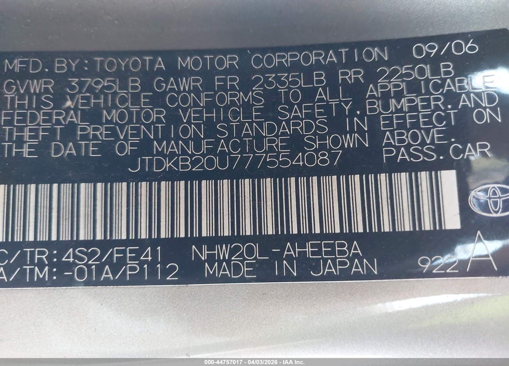 2007 TOYOTA PRIUS VIN: JTDKB20U777554087