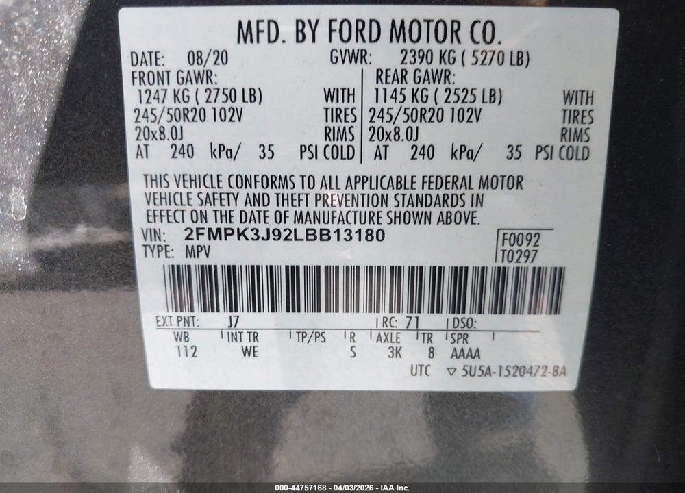 2020 FORD EDGE ST LINE VIN: 2FMPK3J92LBB13180