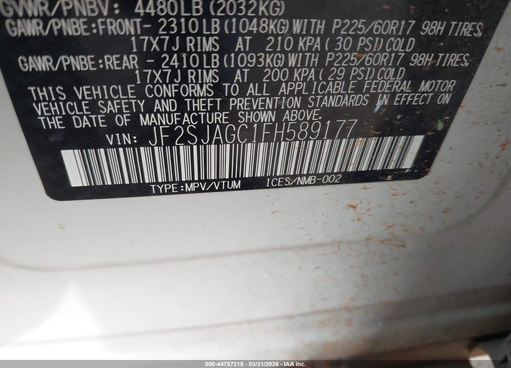 2015 SUBARU FORESTER 2.5I PREMIUM VIN: JF2SJAGC1FH589177
