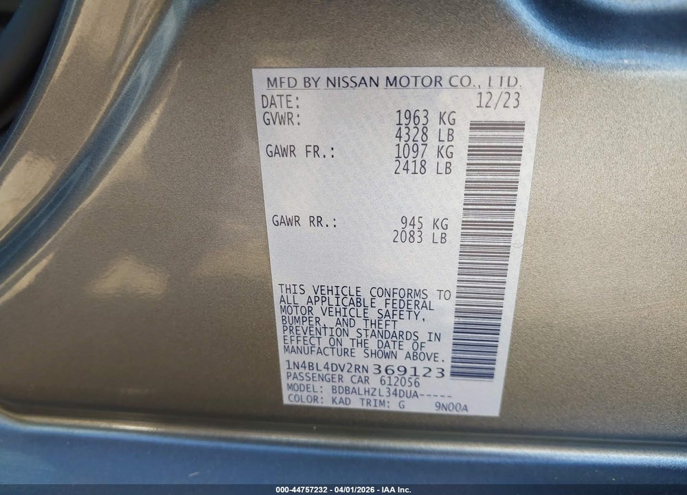 2024 NISSAN ALTIMA SV FWD VIN: 1N4BL4DV2RN369123