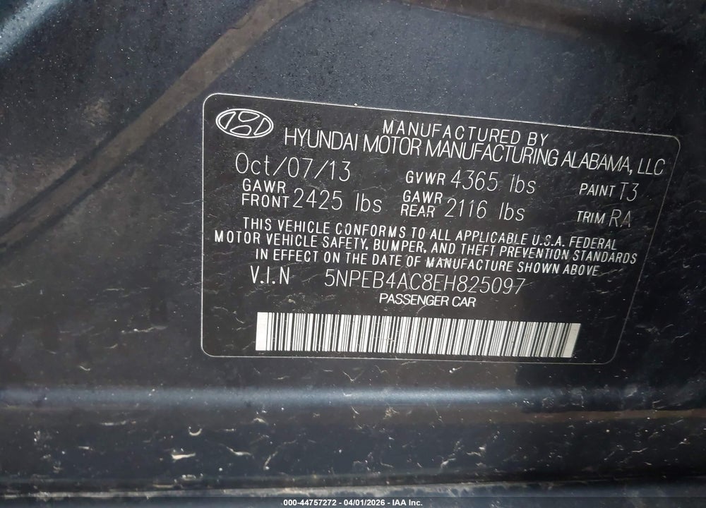 2014 HYUNDAI SONATA GLS VIN: 5NPEB4AC8EH825097