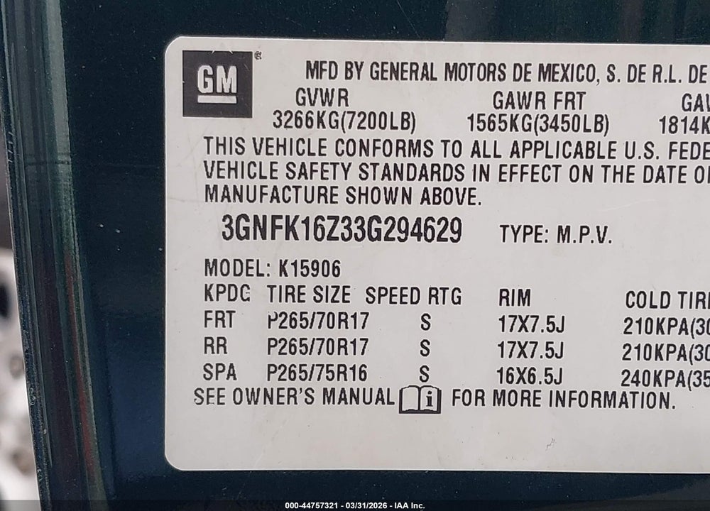 2003 CHEVROLET SUBURBAN 1500 Z71 VIN: 3GNFK16Z33G294629