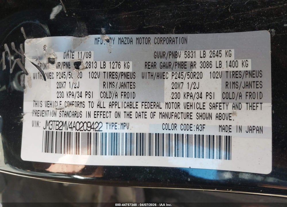 2010 MAZDA CX-9 GRAND TOURING VIN: JM3TB2MV4A0209422