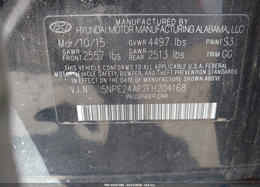 2015 HYUNDAI SONATA VIN: 5NPE24AF7FH204168