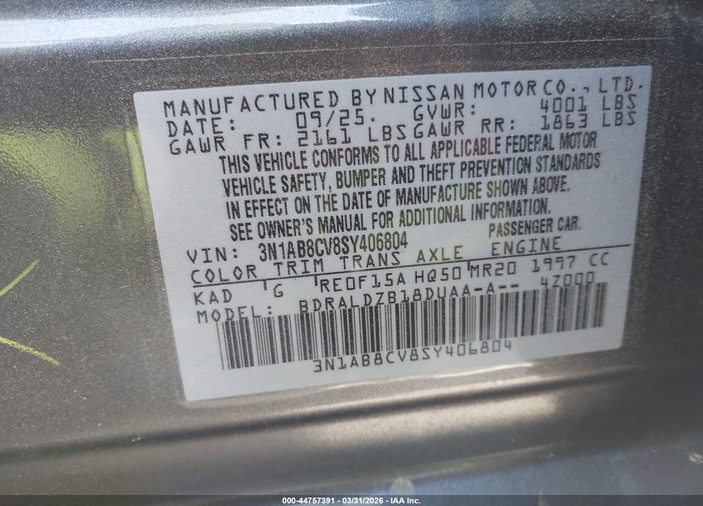 2025 NISSAN SENTRA SV VIN: 3N1AB8CV8SY406804