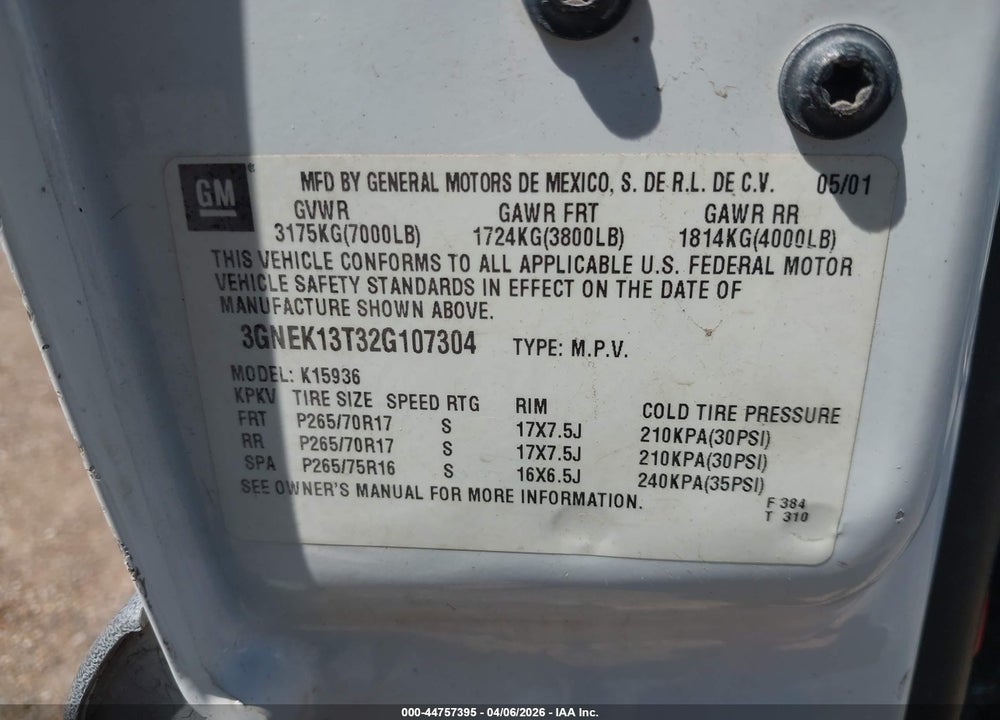 2002 CHEVROLET AVALANCHE 1500 VIN: 3GNEK13T32G107304