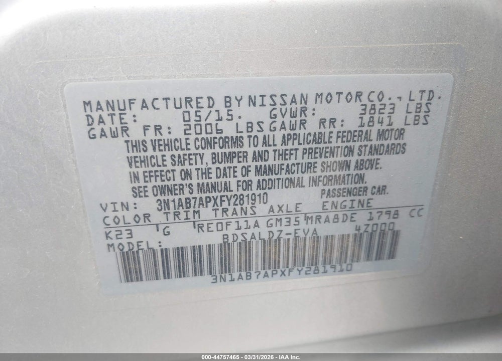 2015 NISSAN SENTRA SV VIN: 3N1AB7APXFY281910