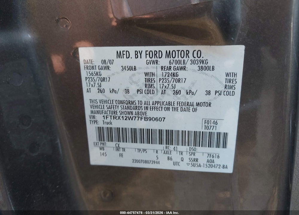 2007 FORD F-150 STX/XL/XLT VIN: 1FTRX12W77FB90607