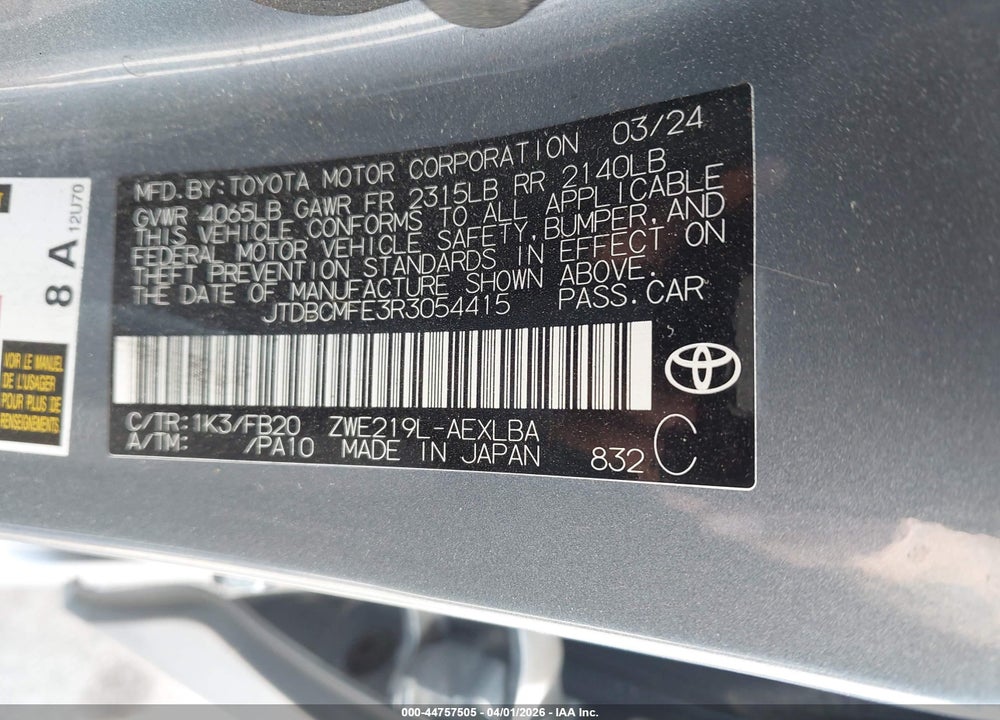 2024 TOYOTA COROLLA HYBRID LE VIN: JTDBCMFE3R3054415