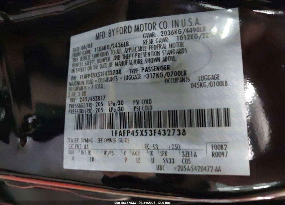 2003 FORD MUSTANG GT VIN: 1FAFP45X53F432738