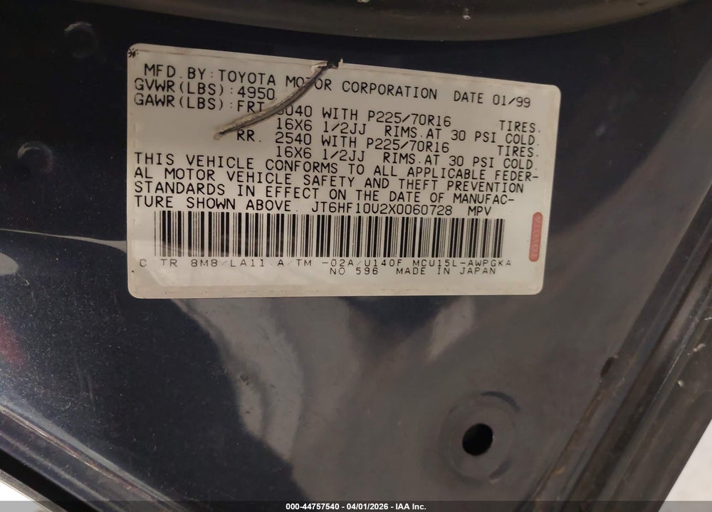 1999 LEXUS RX 300 VIN: JT6HF10U2X0060728