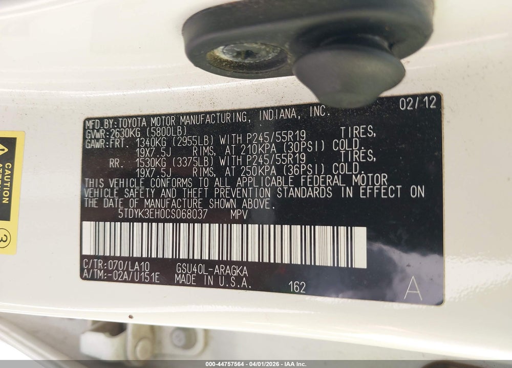 2012 TOYOTA HIGHLANDER LIMITED V6 VIN: 5TDYK3EH0CS068037