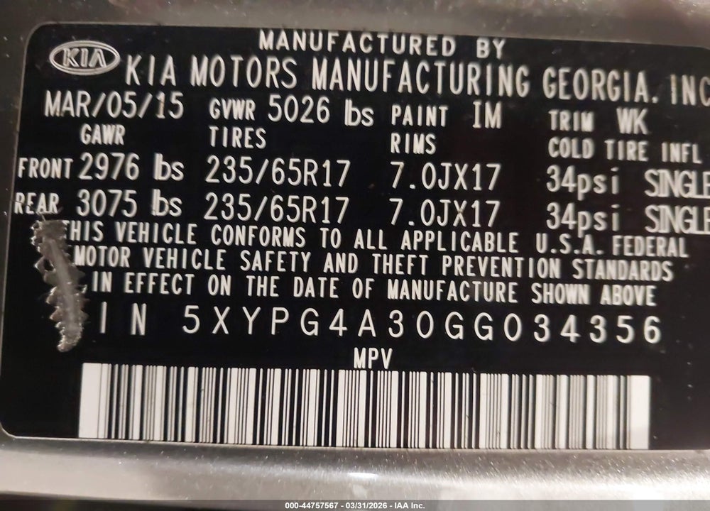 2016 KIA SORENTO 2.4L L VIN: 5XYPG4A30GG034356