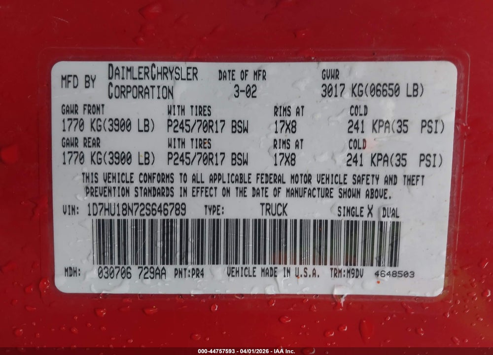 2002 DODGE RAM 1500 ST VIN: 1D7HU18N72S646789