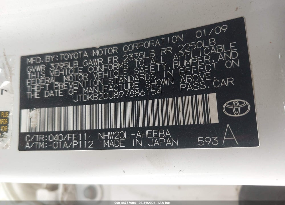 2009 TOYOTA PRIUS VIN: JTDKB20U897886154