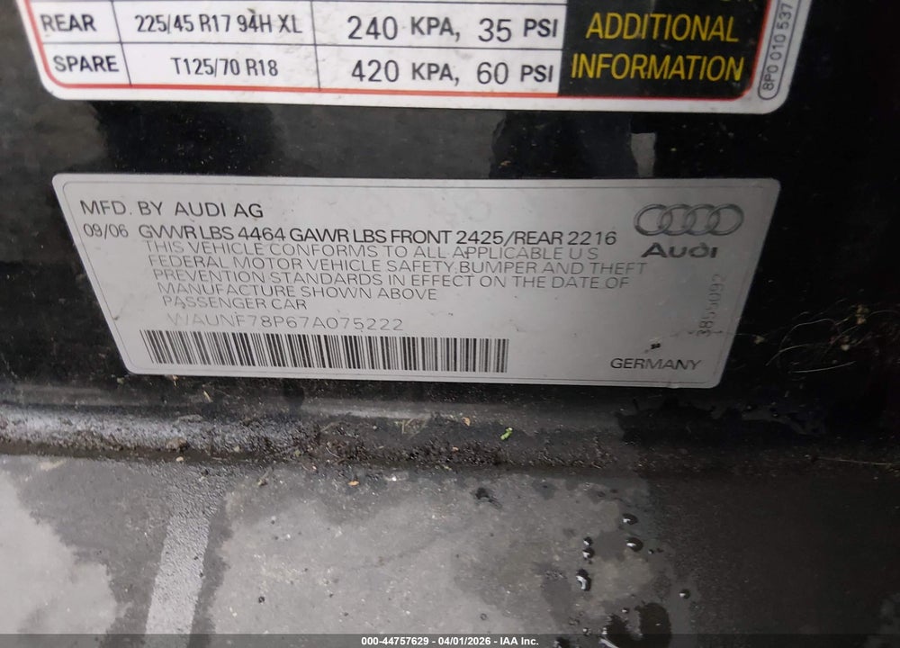 2007 AUDI A3 2.0T VIN: WAUNF78P67A075222