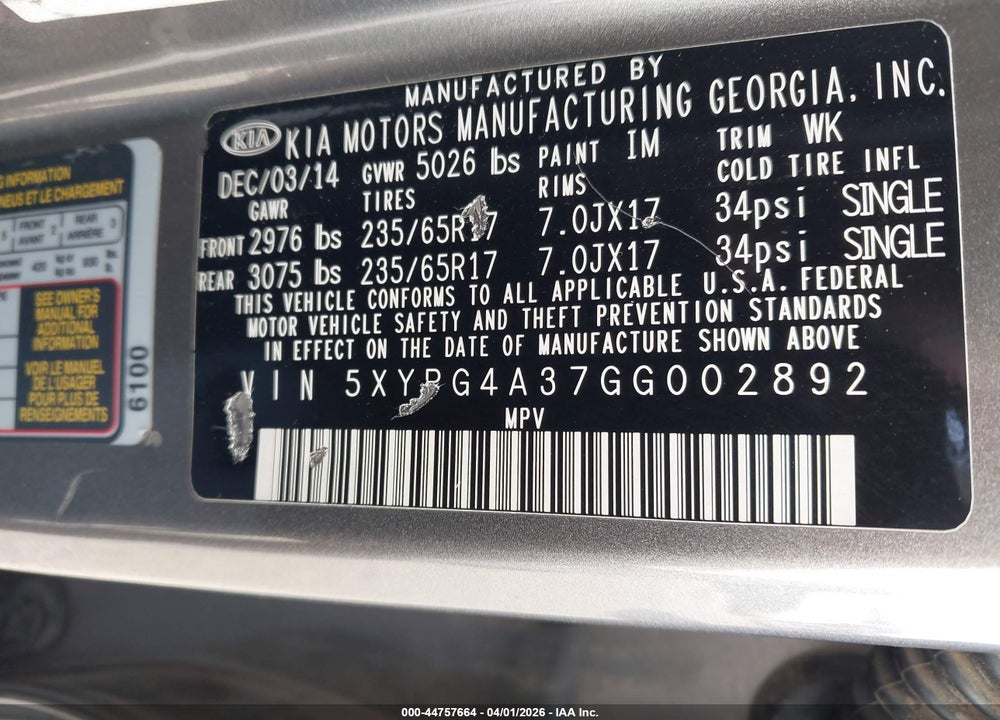2016 KIA SORENTO 2.4L LX VIN: 5XYPG4A37GG002892