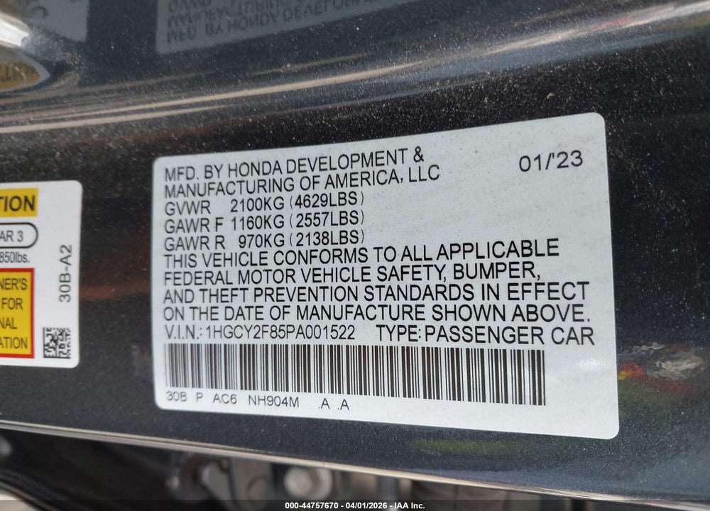 2023 HONDA ACCORD HYBRID TOURING VIN: 1HGCY2F85PA001522